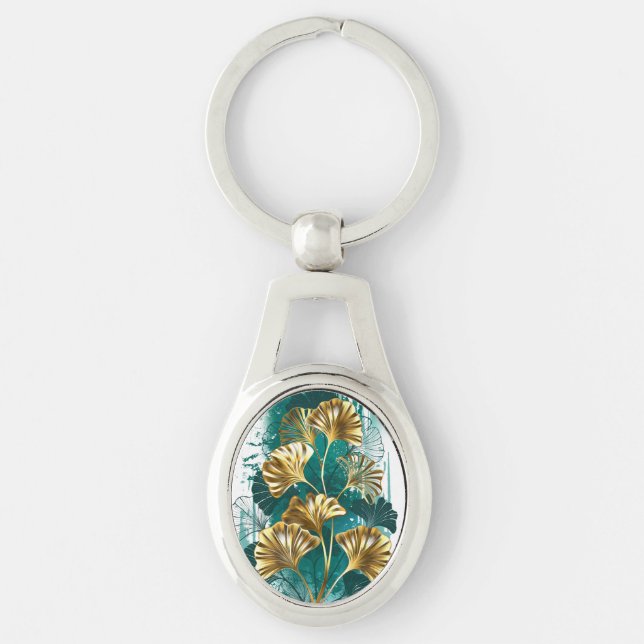 Branch with Golden Leaves Ginko Biloba Key Ring (Front)