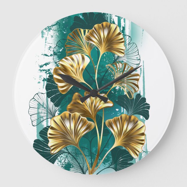 Branch with Golden Leaves Ginko Biloba Large Clock (Front)