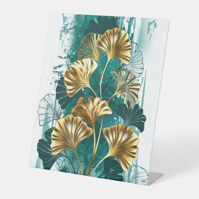 Branch with Golden Leaves Ginko Biloba Pedestal Sign (Front)