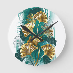 Branch with Golden Leaves Ginko Biloba Round Clock