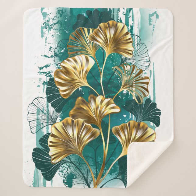 Branch with Golden Leaves Ginko Biloba Sherpa Blanket (Front)