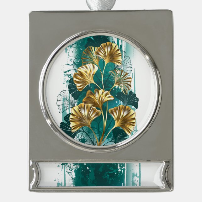Branch with Golden Leaves Ginko Biloba Silver Plated Banner Ornament (Front)