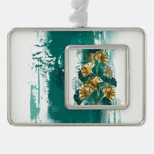 Branch with Golden Leaves Ginko Biloba Silver Plated Framed Ornament