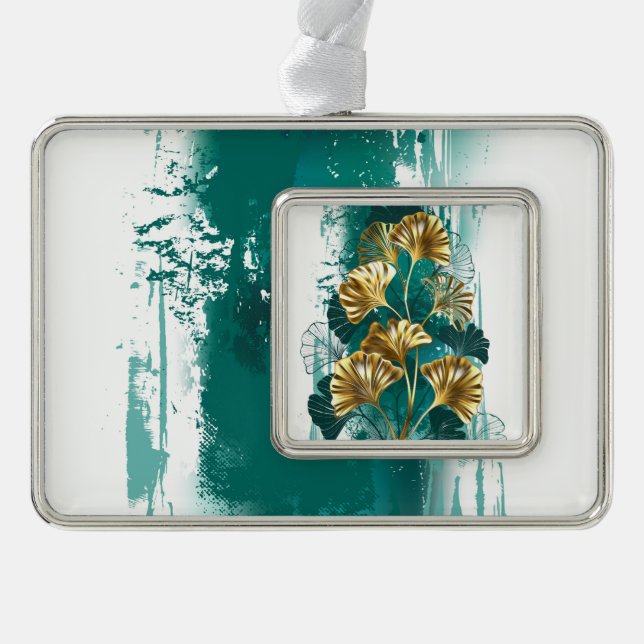 Branch with Golden Leaves Ginko Biloba Silver Plated Framed Ornament (Front)