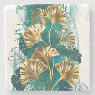 Branch with Golden Leaves Ginko Biloba Stone Coaster