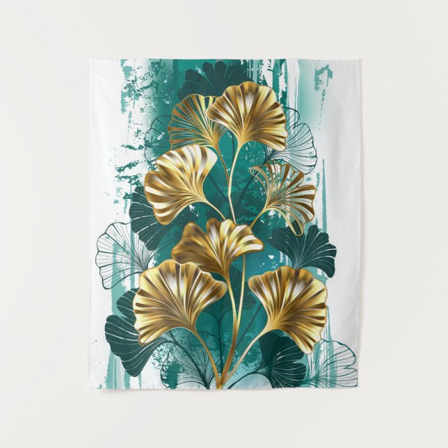 Branch with Golden Leaves Ginko Biloba Tapestry (Front)
