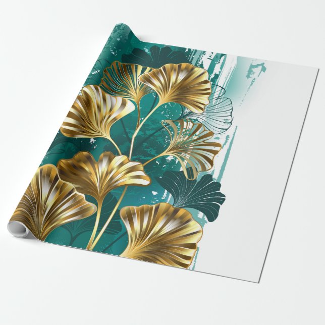 Branch with Golden Leaves Ginko Biloba Wrapping Paper (Unrolled)