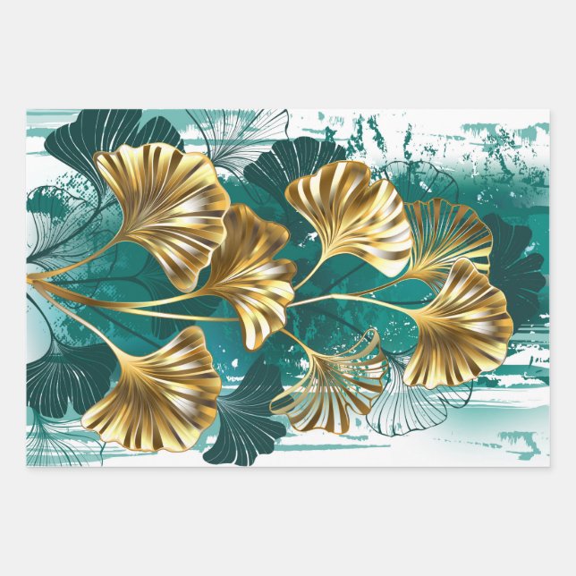 Branch with Golden Leaves Ginko Biloba Wrapping Paper Sheet (Front)