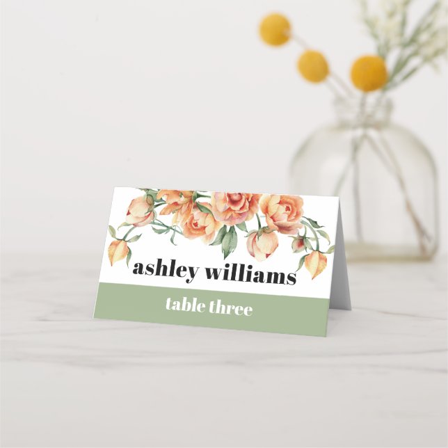Branch with peach roses sage green floral wedding place card (Front)