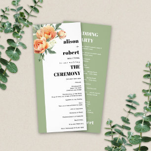 Branch with peach roses sage wedding program rack card