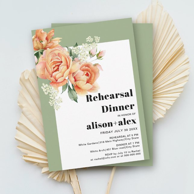 Branch with peach roses wedding rehearsal dinner invitation (Creator Uploaded)