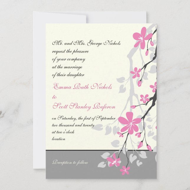 Branch with pink blossoms wedding custom invitation (Front)