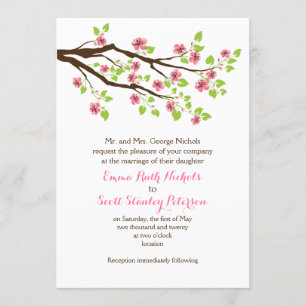 Branch with pink cherry blossoms spring wedding invitation