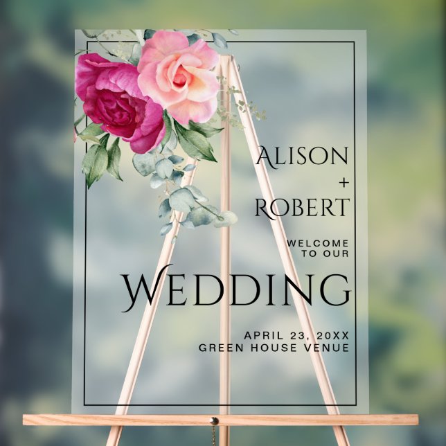 Branch with pink rose translucent WELCOME wedding Acrylic Sign (Neutral)