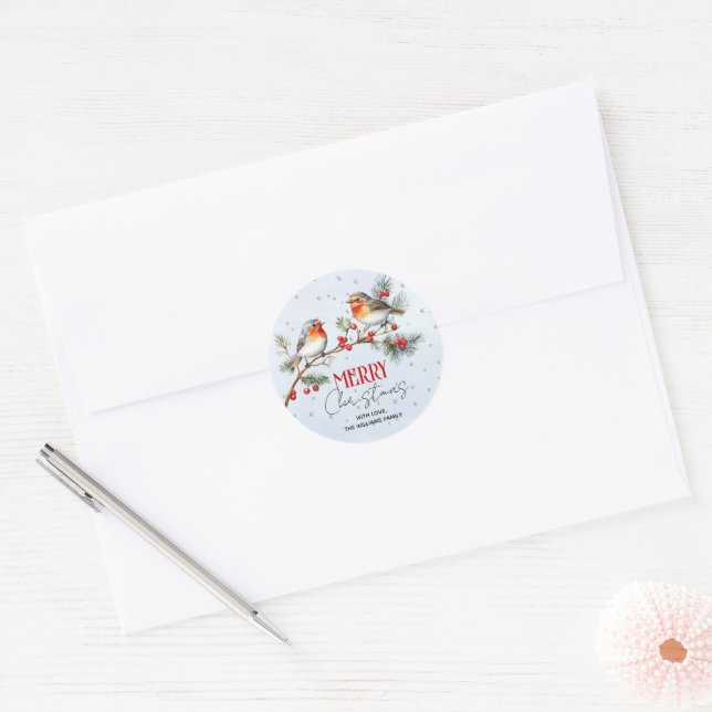 Branch with robin birds and berries Christmas Classic Round Sticker (Envelope)