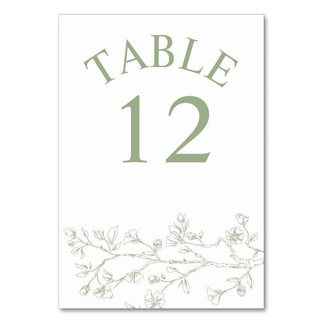Branch with sage green blossoms monochrome wedding table number (Front)