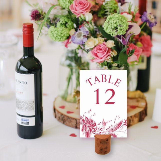 Branch with viva magenta and white flowers wedding table number (Creator Uploaded)