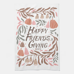 Branches, leaves and pumpkins fall Friendsgiving Tea Towel