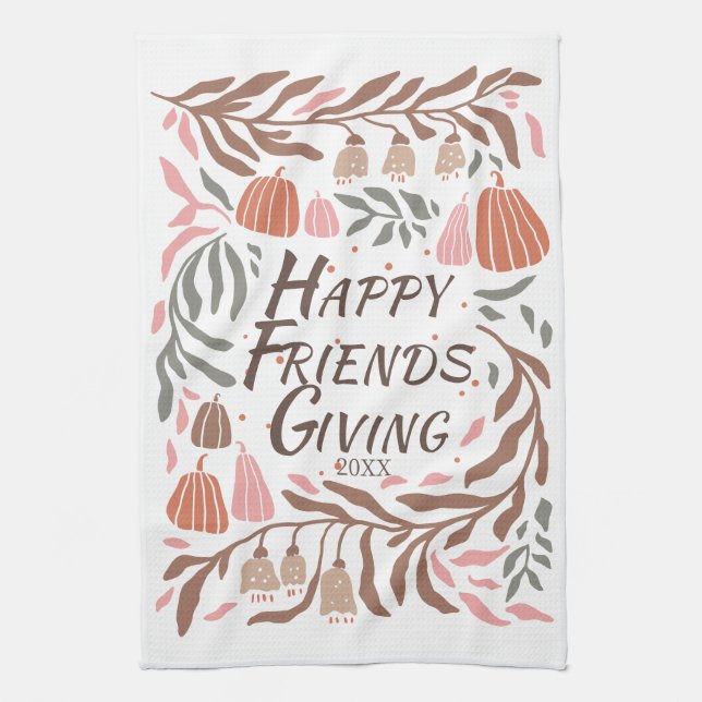 Branches, leaves and pumpkins fall Friendsgiving Tea Towel (Vertical)