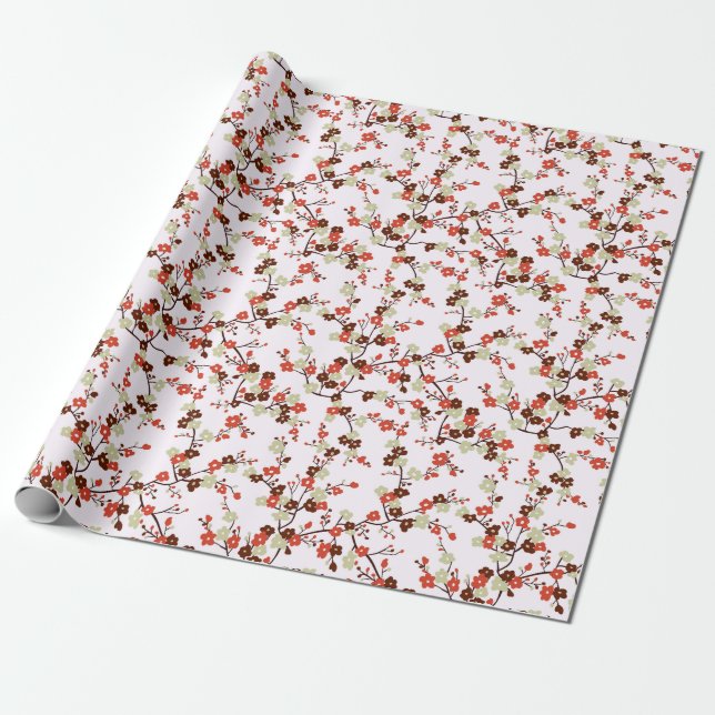 Branches of red small flowers in blossom pattern wrapping paper (Unrolled)