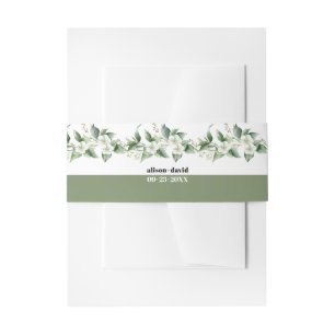 Branches with greenery and white flowers wedding invitation belly band