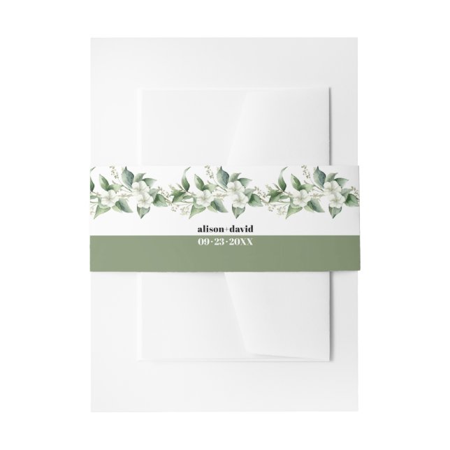 Branches with greenery and white flowers wedding invitation belly band (Front Example)
