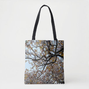 Branches, with orange leaves and snow tote bag