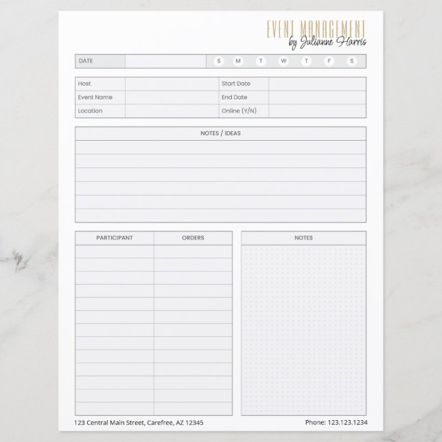 Branded Business Event Planning Worksheet (Front)