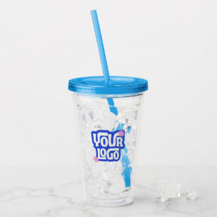 Branded Your Logo Here Clear Blue Lid & Straw Acrylic Tumbler