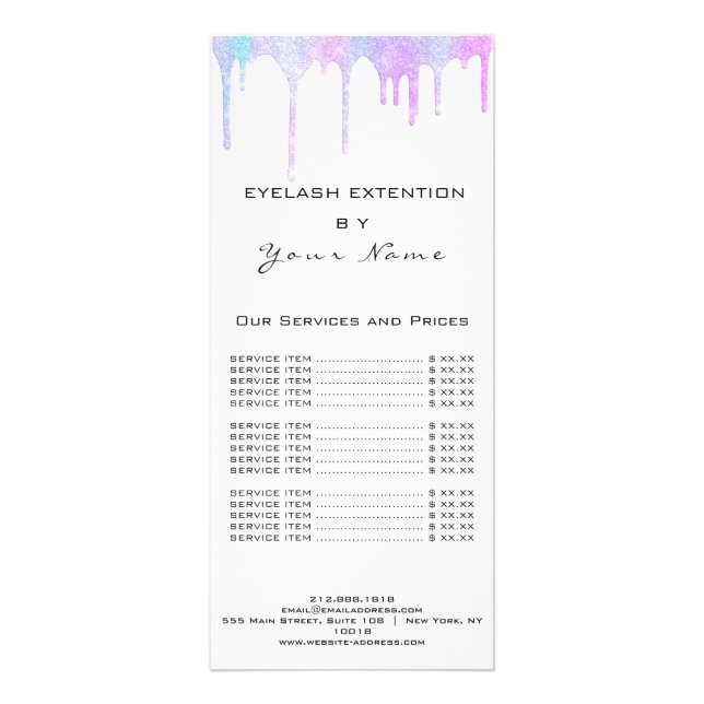 Branding Price List Eyelash Hair Pink Holograph Rack Card (Back)
