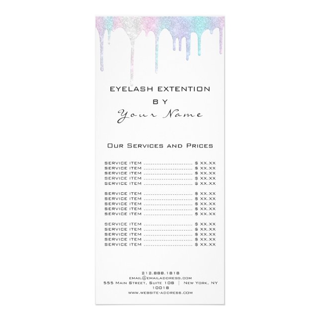 Branding Price List Lash Extension Holograph White Rack Card (Front)