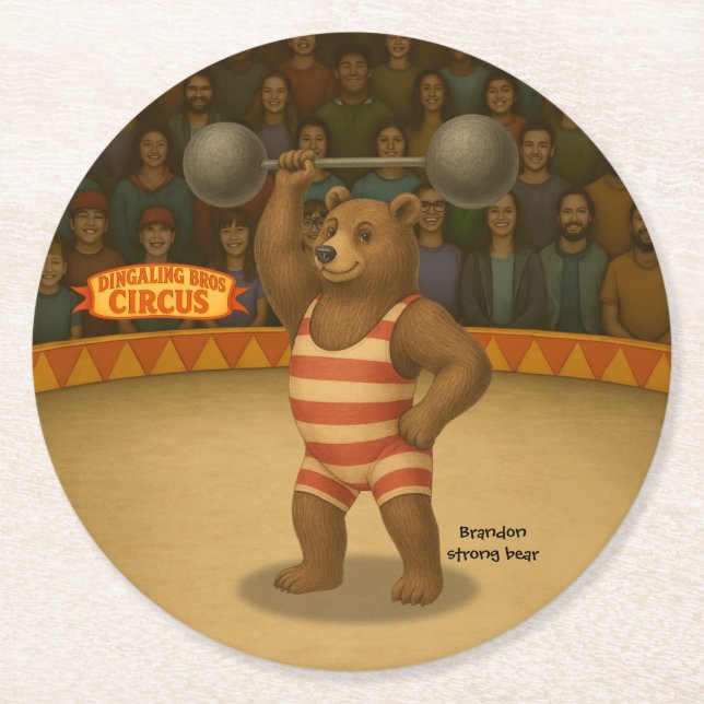 Brandon, circus strong bear round paper coaster (Front)