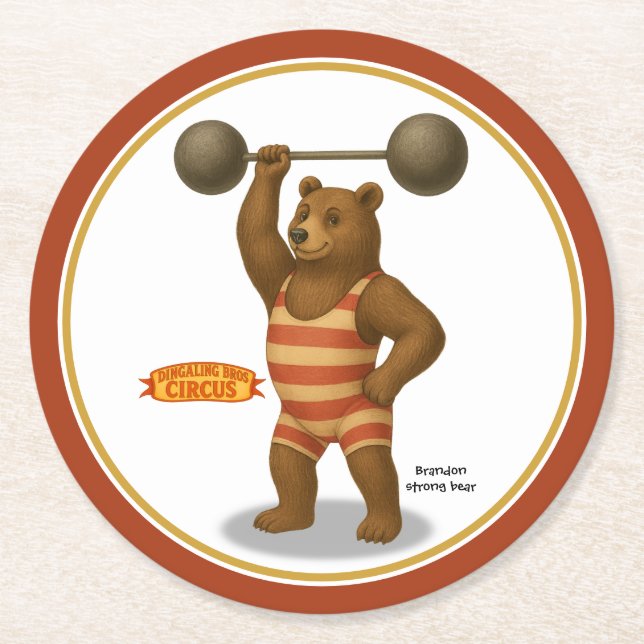 Brandon, circus strong bear round paper coaster (Front)