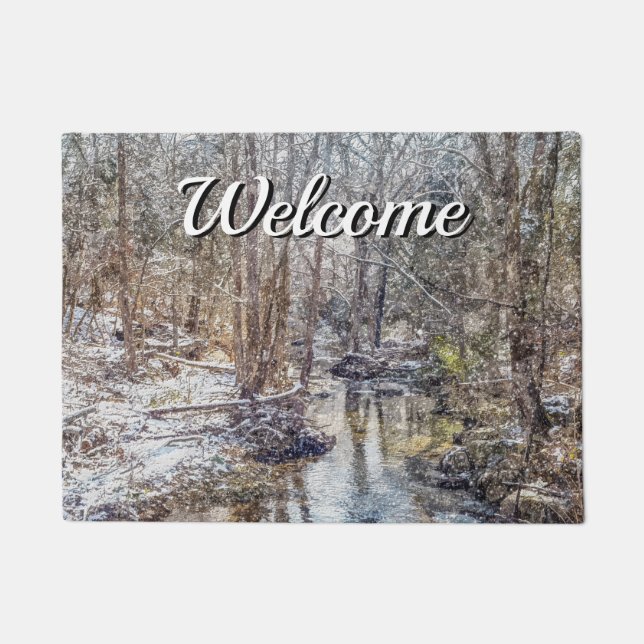 Branson Fall Creek Winter Snow Painterly Welcome Doormat (Front)