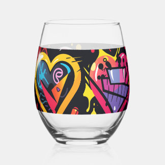 Brash punk hearts in vibrant colors stemless wine glass