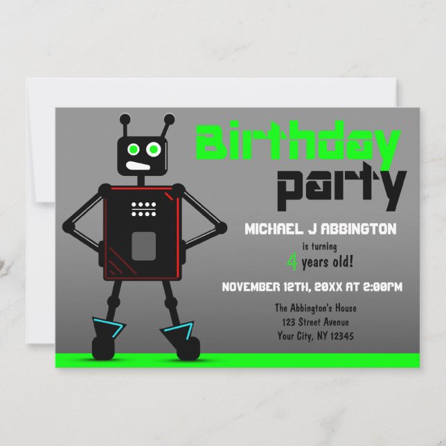 Brash Robot Boys Birthday Party Invitations (Front)