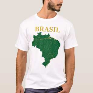 Brasil Map Rivers Gold Green Geography T-Shirt