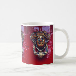 "BRASS FEMALE HEAD DOOR KNOCKER ON BRIGHT RED DOOR COFFEE MUG
