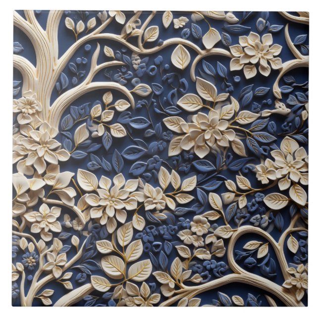 Brass Flower Tree, Golden and Blue Mural, Relief Ceramic Tile (Front)