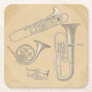 Brass Instruments Vintage Drawings Square Paper Coaster