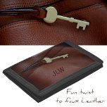Brass Key on Brown faux Leather with Initials Trifold Wallet<br><div class="desc">The design of this wallet was inspired by rich brown leather with its look of fine leather with piping and stitching and a brass key.  It's a fun twist on faux leather. Personalise the Initials.

This image is original photography by JLW_PHOTOGRAPHY.</div>