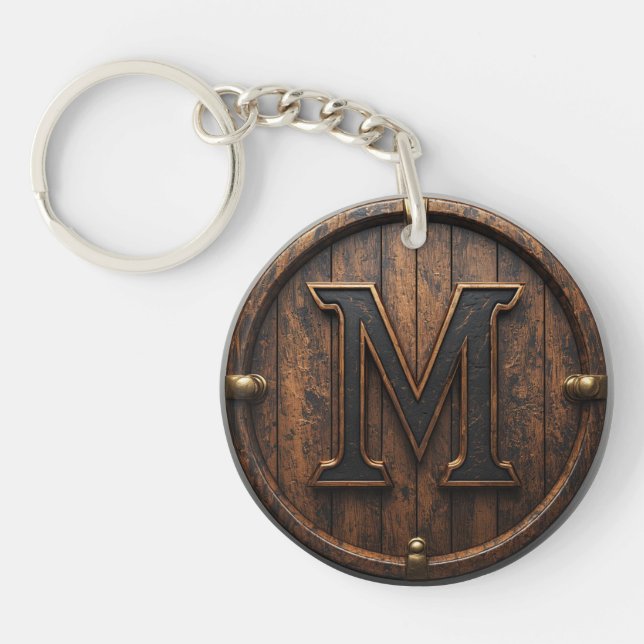 Brass Rivet Wooden Monogram M Barrel Emblem 🔑 Key Ring (Front)