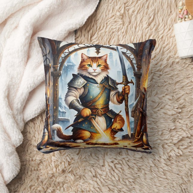 Brave Cat Knight Forging Swords in Fantasy Forge Cushion (Blanket)