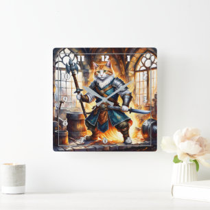 Brave Cat Knight in Mediaeval Setting Square Wall Clock