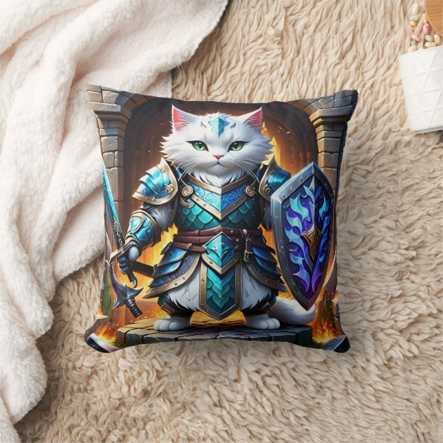 Brave Cat Warrior in Fantasy Armour by Castle Cushion (Blanket)