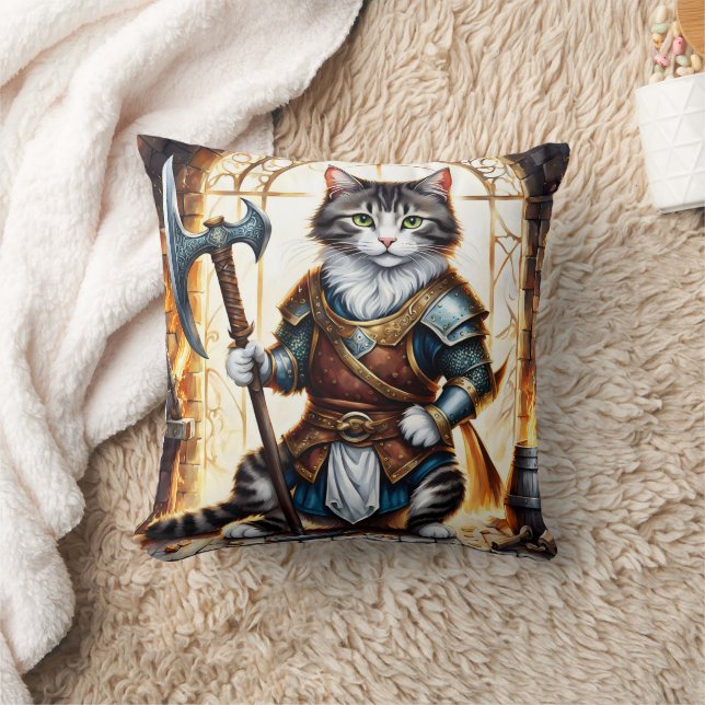 Brave Cat Warrior in Mediaeval Armour Cushion (Blanket)