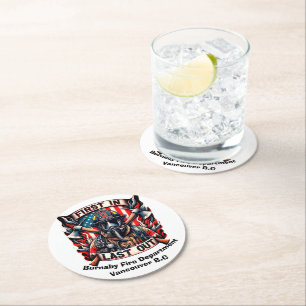 Brave firefighter stands proud round paper coaster