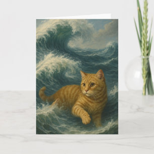 Brave Ginger Cat Riding Ocean Waves                Card