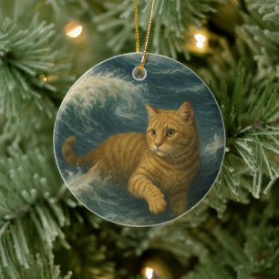 Brave Ginger Cat Riding Ocean Waves Ceramic Ornament