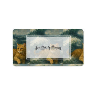 Brave Ginger Cat Riding Ocean Waves Label